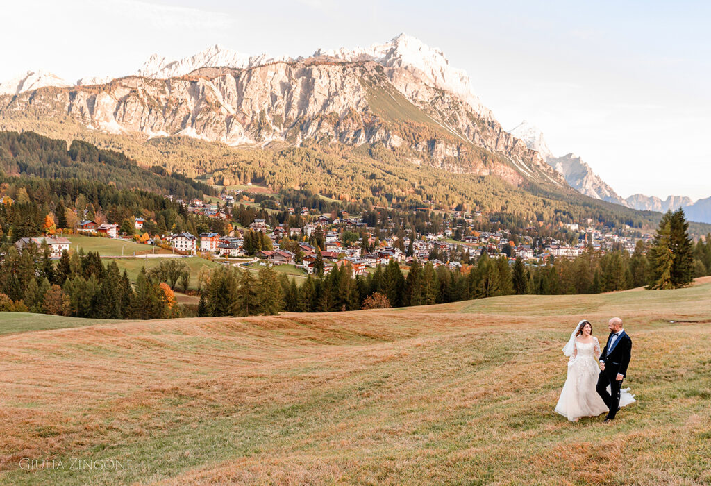 this is a portrait of bride and groom in the dolomites taken by cortina wedding photographer giulia zingone