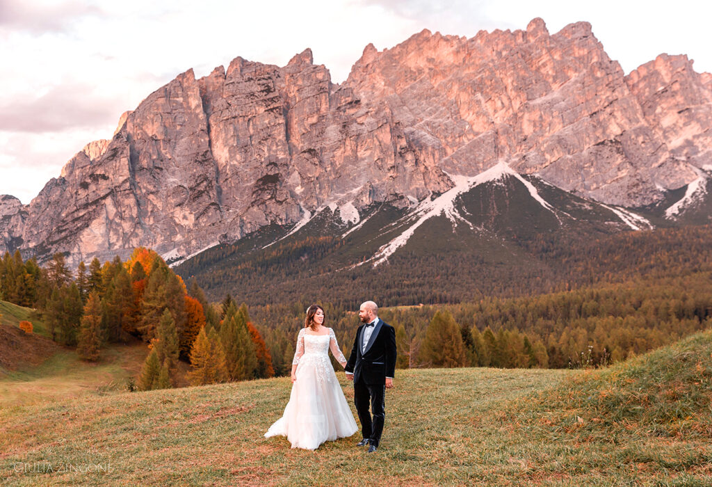this is a portrait of bride and groom in the dolomites taken by cortina wedding photographer giulia zingone