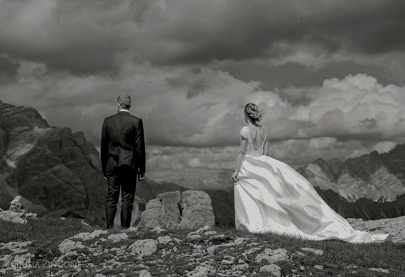 this is a portrait of the bride and groom in the dolomites mountains by cortina wedding photographer giulia zingone