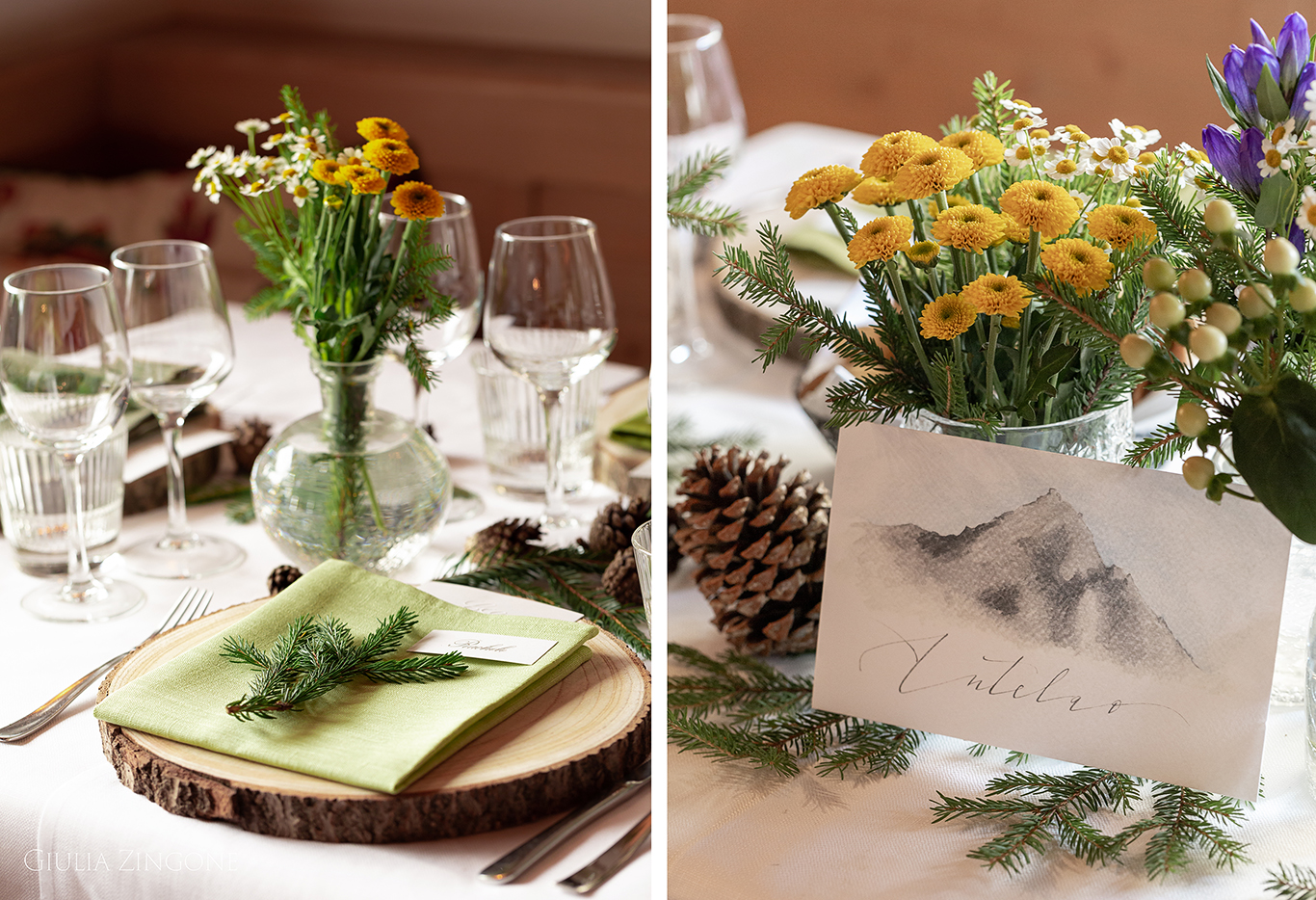 this is a picture of the table decor in the dolomites mountains by cortina wedding photographer giulia zingone