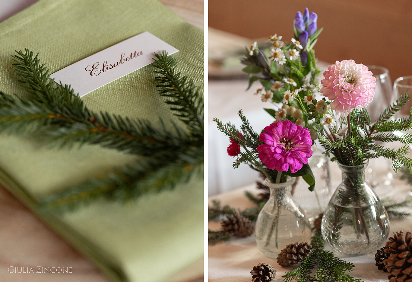 this is a picture of the table decor in the dolomites mountains by cortina wedding photographer giulia zingone