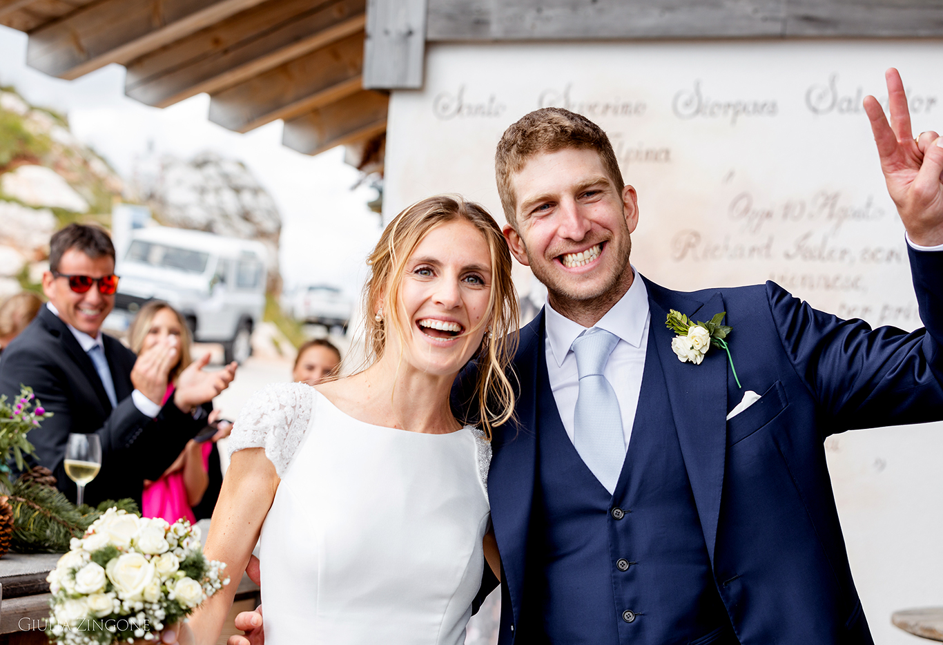 this is a portrait of the bride and groom in the dolomites mountains by cortina wedding photographer giulia zingone