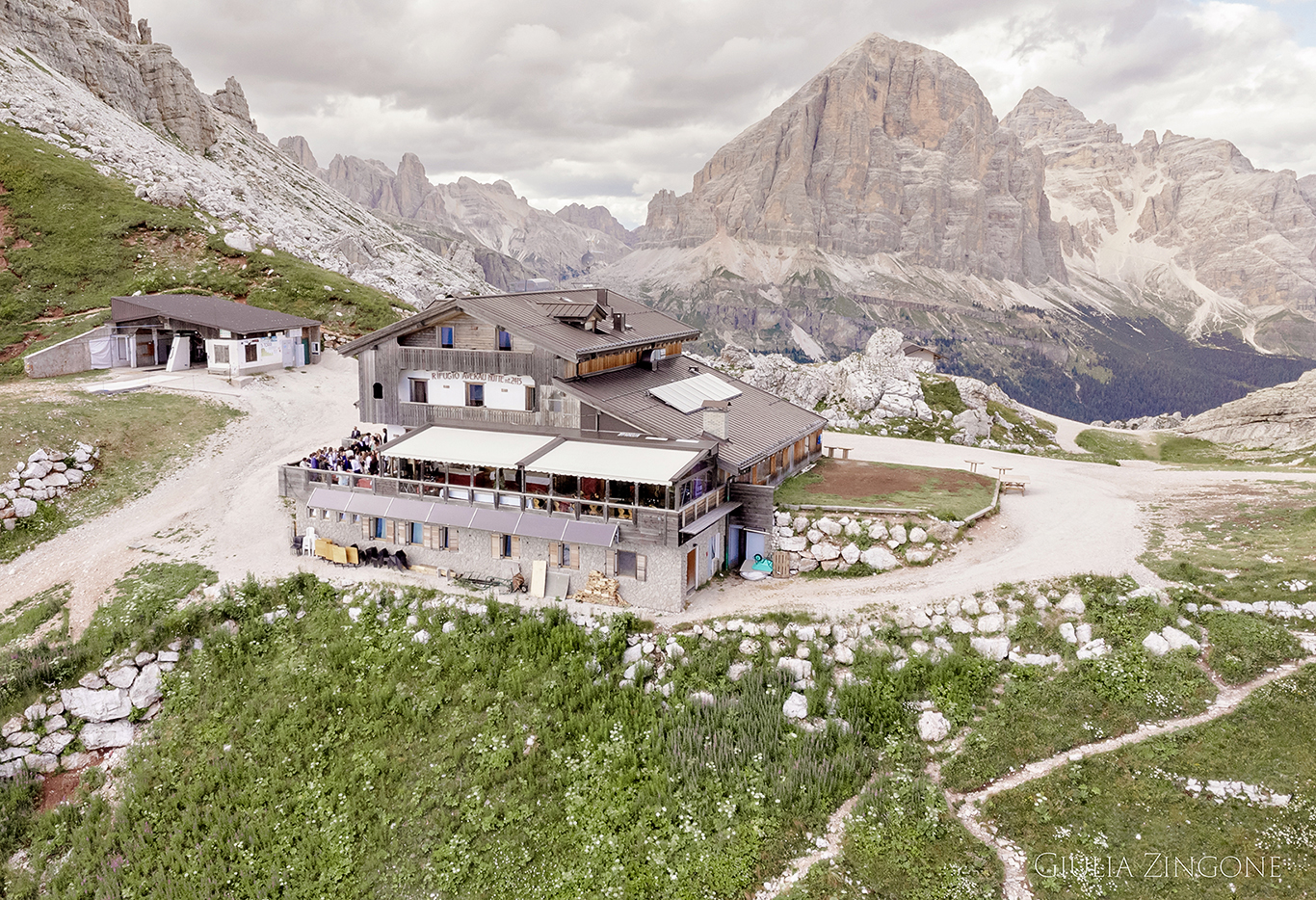 this is a drone picture of rifugio averau in the dolomites mountains by cortina wedding photographer giulia zingone